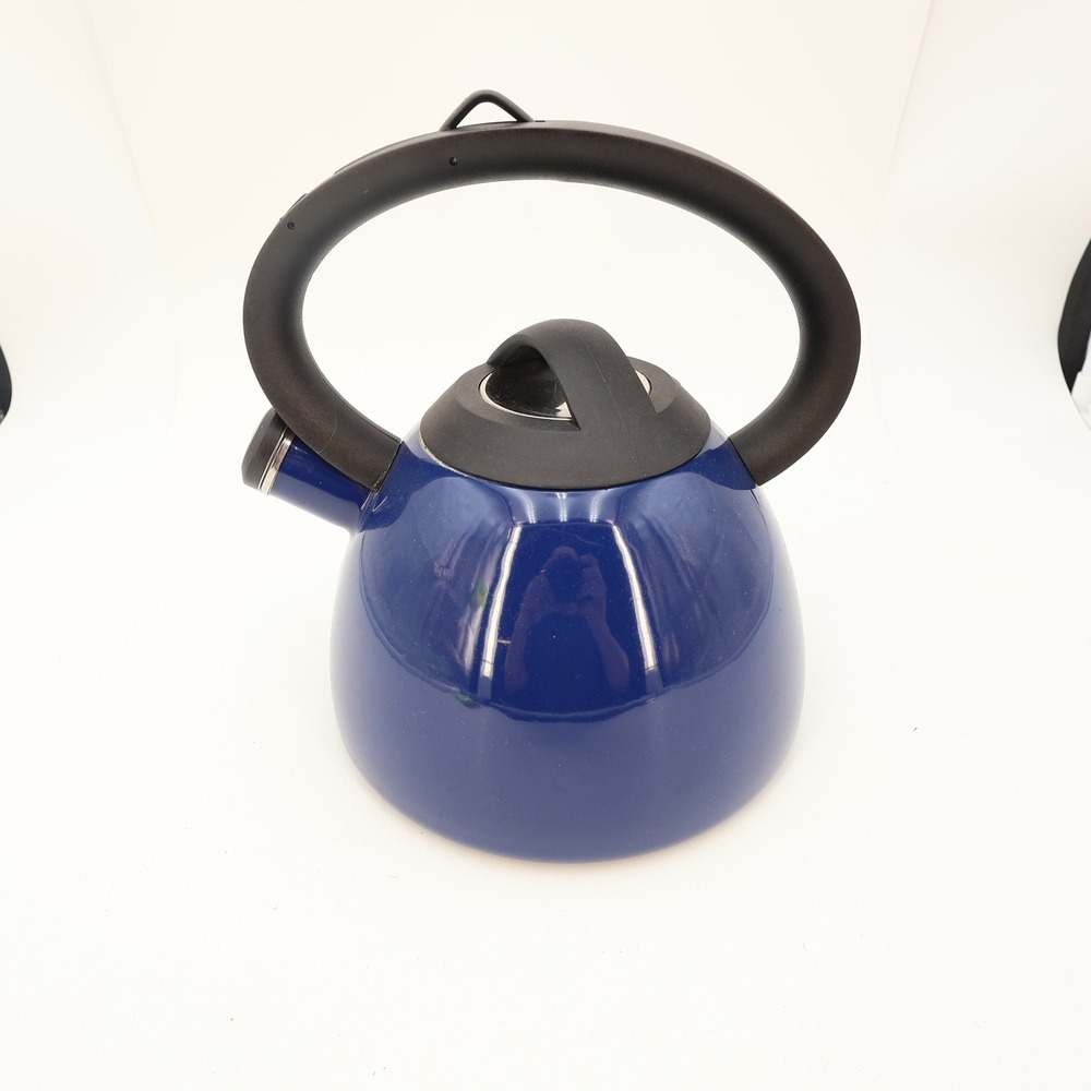 Copco 0205 Cobalt Blue Enamel Whistling Tea Kettle Stovetop Pot Black Handle